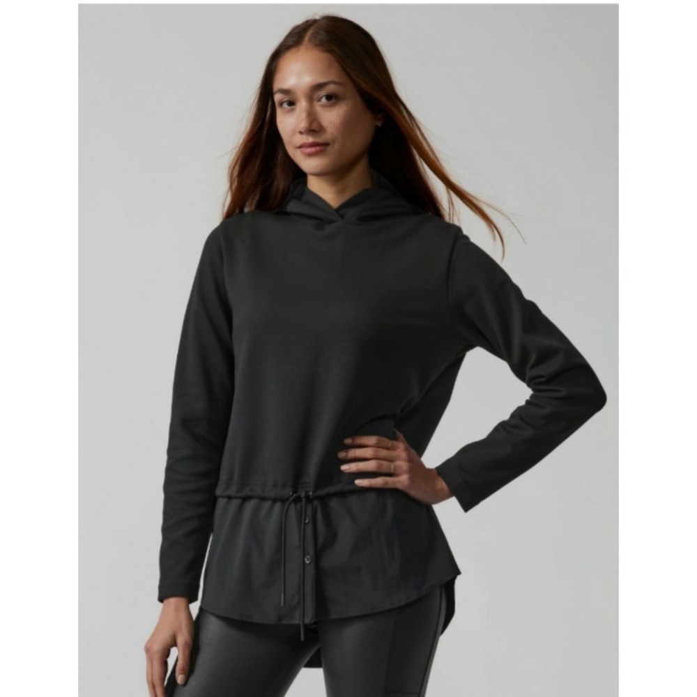 Athleta Gallery Hoodie Sweatshirt Black Knit‎ + Cotton Shirt Tail Hem SZ M